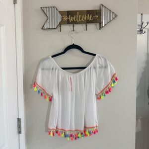 White Off-Shoulder Tassel Trim Short Sleeve Top YXL
